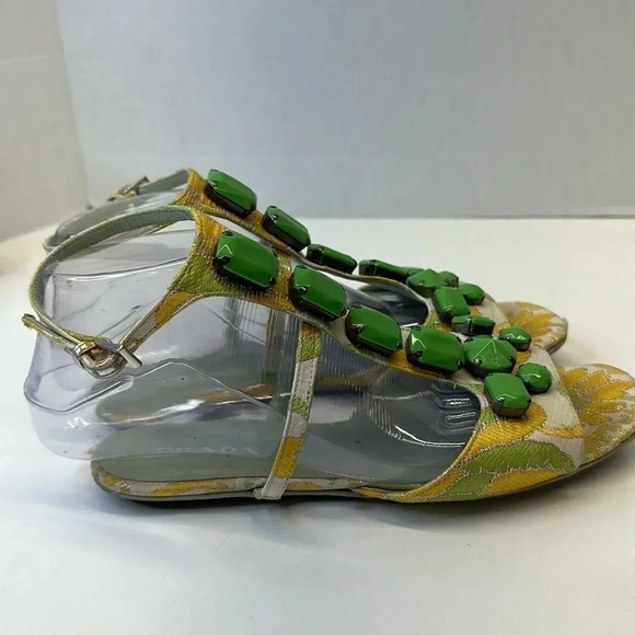 Prada T-Strap Open Toe Sandals Jacquard Floral Fabric Brocade Green Size 38 8 - Picture 5 of 10